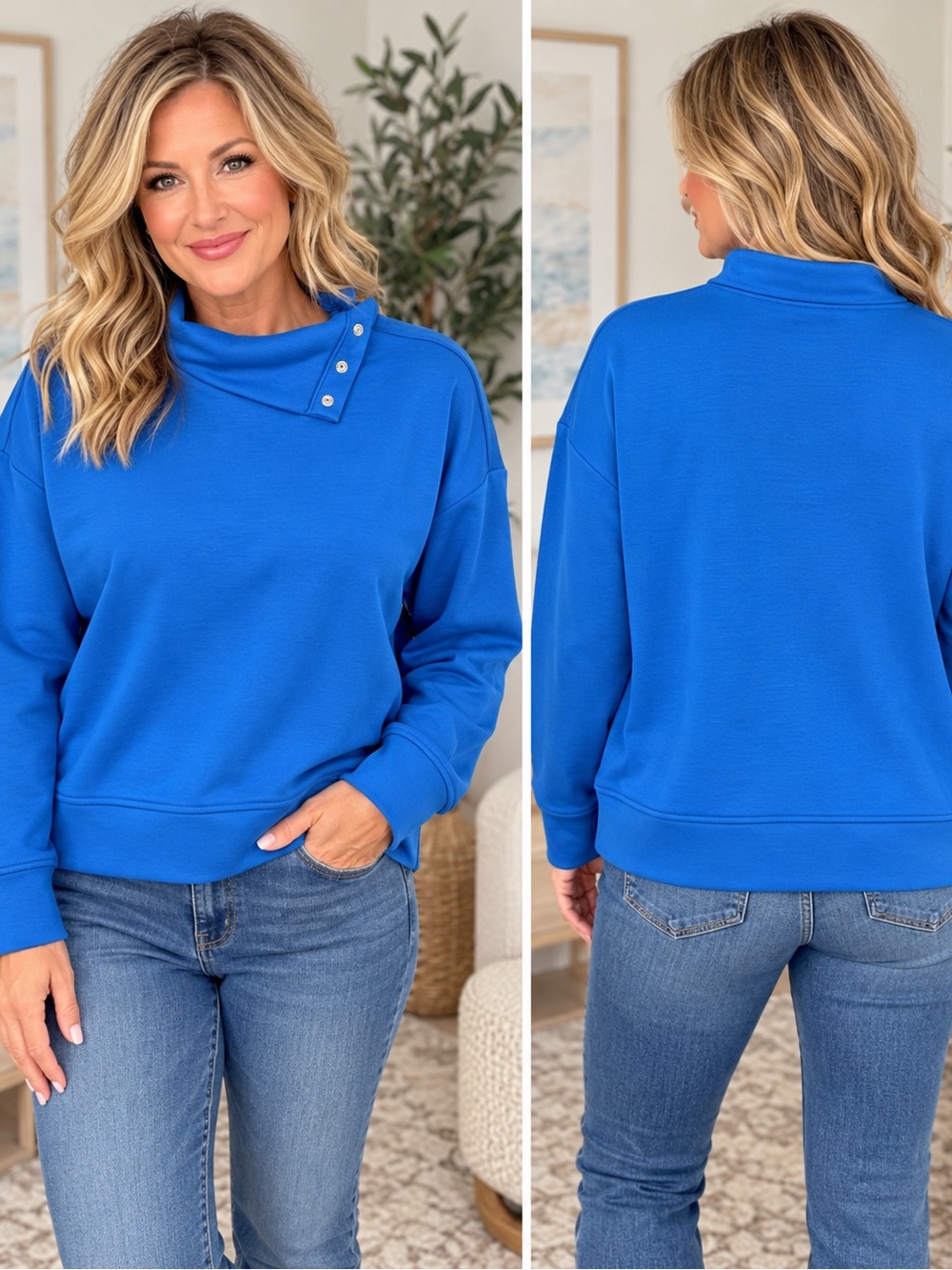 Simply Vera Vera Wang Cerulean Blue Mock Neck Snap Sweatshirt Top L
